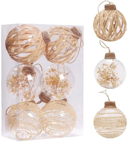 GLITZFAS Weihnachtskugel Set 6 Stück, 8 cm Klare Weihnachtskugeln aus Kunststoff Weihnachtsbaumschmuck Boho Beige Christbaumkugeln Hängende Christmas Decorations Ornamente (Beige B)