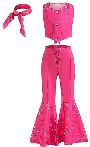 LiUiMiY Deguisement Barbie Filles Ensemble Uniforme de Cowgirl Rose Costume 70s 80s Disco pour Halloween Carnaval Anniversaire, Rouge, 6-7 Ans (Étiqueter 130)