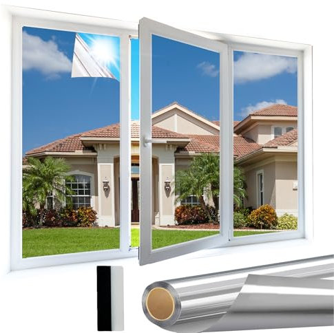 Samheito Window Film Privacy 75 × 200 cm One Way Mirror Film Self-Adhesive Reflective Window Film Anti Glare Privacy Film for Glass Windows Bathroom Window Tint Film UV Blocking for Home Office Silver