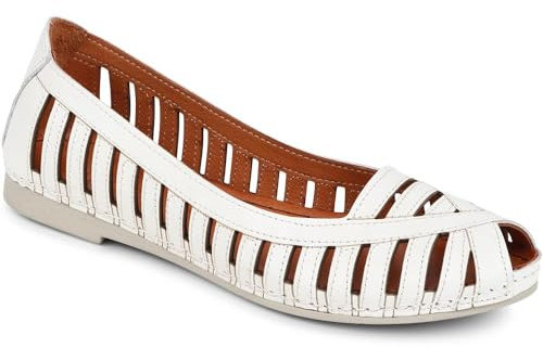 Pavers Women's Open Toe Ballet Flats in White Leather - Wide Fit Casual Shoes with Cut Out Details - Comfort Ladies Pump Footwear - Size UK 6 / EU 39