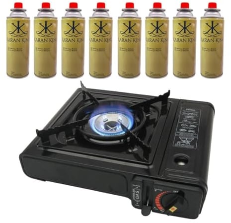 UTTAM Black Portable Camping Stove with Cary Case | EN417 Compliant Camping Portable Stove | Camping Stove with Automatic Ignition & Heat Control (Stove + 8 Butane Cannister)