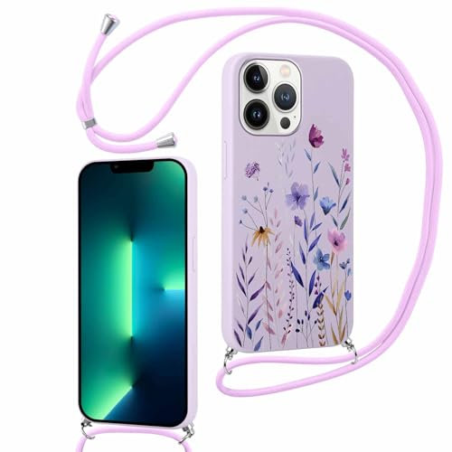Xylota Handykette Handyhülle für iPhone 11 Pro 5,8 Hülle mit Band, Einstellbar Kordel zum Umhängen Aesthetic Case mit Muster Blumen, Weich TPU Bumper Silikon Stoßfest Schutzhülle Cover, Lila