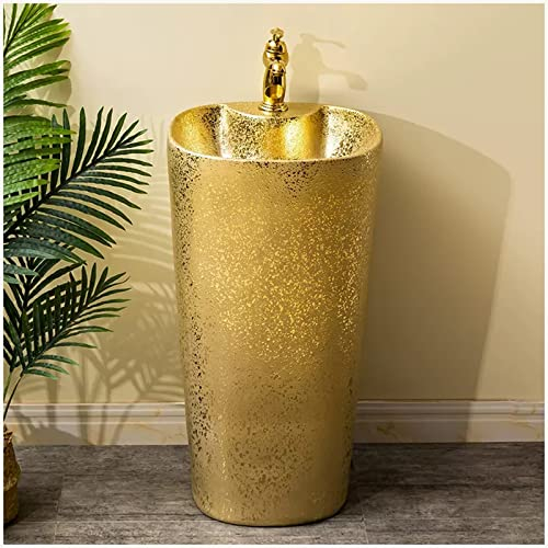 ZTGL Modernes Luxus Gold Standwaschbecken - 41x80 cm Keramik Badezimmer Waschbecken Standwaschtisch Rundes, Einteiliges Standwaschbecken für Indoor and Outdoor