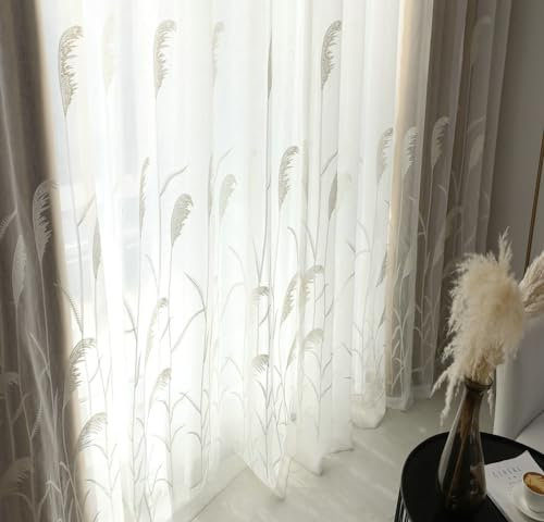 Gualiy Vorhänge Transparent, Vorhang Gardine 2er Set Weiß Ösen 107x244CM Blätter Muster Vorhang für Balkon