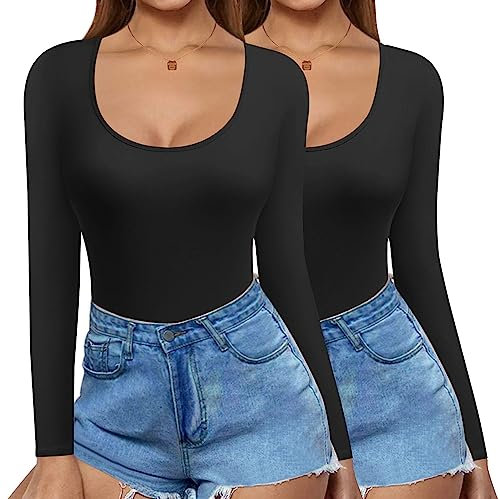 Ekouaer 2 Pack Black Long Sleeve Top Women Slim Fit T Shirt Thermal Tops Womens Scoop Neck Tops Shirts Basic Tight Tee, Black+Black, M