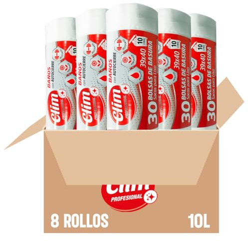 Clim Profesional 240 Bolsas de Basura para Papelera de Baño o Pequeña. 8 Rollos de 30 Bolsas 10L Blancas Extra Resistentes, muy Perfumadas y con Sistema Autocierre