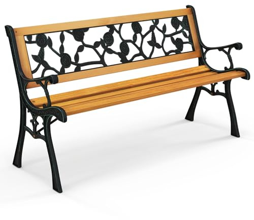 RELAX4LIFE Panchina da Esterno a 2-3 Posti, Panchina da Giardino in Metallo e Legno con Schienale Attraente e Braccioli, Panca per Cortile/Parco, Portata 150 kg, 125 × 53 × 73cm (Modello 1)