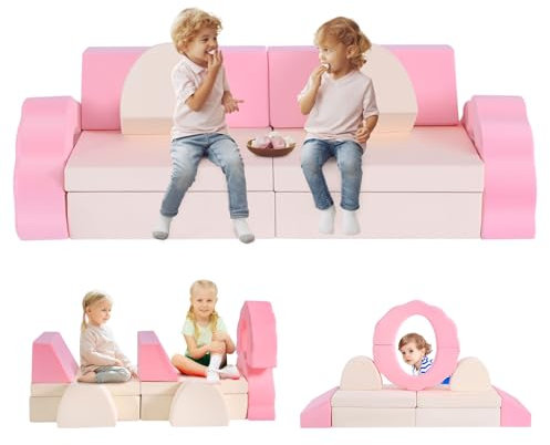CUPCHID Kindersofa,modulare Kinderspielcouch, Kindersofa,Schlafzimmer- und Spielzimmermöbel für Kleinkinder, umwandelbares Schaumstoff (10er Set - rosa-beige)