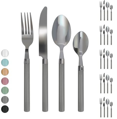 Servizio 24 Pezzi Posate Tavola Acciaio Inox Manici Colorati Tinta Unita Colori Moderni 6x Forchetta Coltello Cucchiaio Cucchiaino Lavabili Lavastoviglie Certificate Contatto Alimenti - Grigio