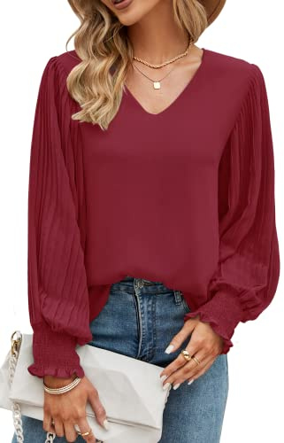 Odosalii Ladies Tops Basic V-Neck Blouses Work Shirts Plain Long Sleeve Pleated Flowy Tunic Tops for Leggings (Wine Red,Large)