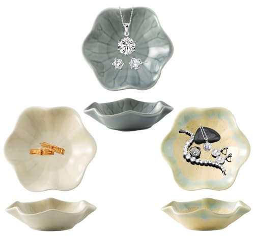 Plato de Joyería de Cerámica, 3 Piezas Bandeja de Joyería de Hojas Soporte de Plato de Anillo Pequeño Plato de Joyería de Flores para Decoración del Hogar (Verde Dorado, Amarillento, Gris Claro)