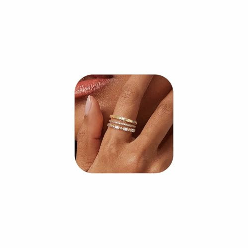 Dochais 3 Stück Ringe Gold Damen Frauen 14k Real Gold Vergoldete Ring Set Wasserfest Goldene Ringe Fingerring Stapelring Statement Zirkonia Diamant Ring Modeschmuck Geschenke Größe 52