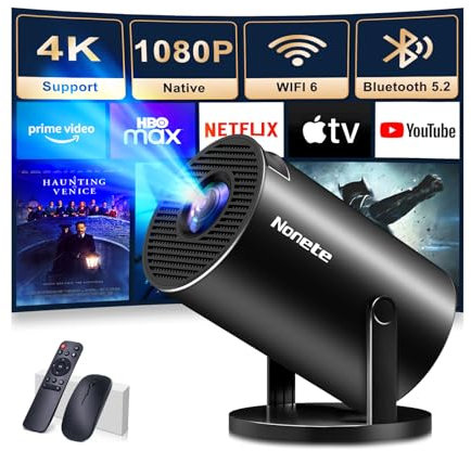 【Proiettore 2026 Upgraded】Mini Proiettore Portatile 4K con WiFi 6 BT 5.2 Videoproiettore 1080P HD Android 14 Supporta Rotativo a 270°, Auto Keystone, TV Stick/USB/HDMI/PC con Cavo HDMI & Mouse, Nero