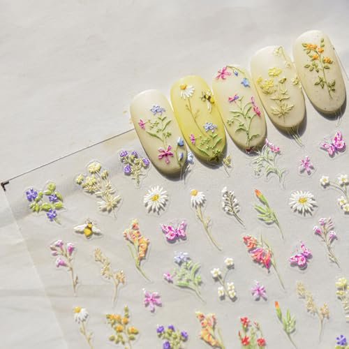 JMEOWIO 3D Nagelsticker Bunte Blumen Nail Art Sticker Selbstklebend Nagelaufkleber 5D Stereoskopisch Dekoration Nageldesign Zubehör 1 Blatt
