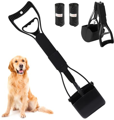 LoNinLoAn Paletta portatile per cani e gatti, 60 cm, pieghevole, con manico lungo, con 2 rotoli di sacchetti per la cacca per cani e gatti, ghiaia per esterni (nero)