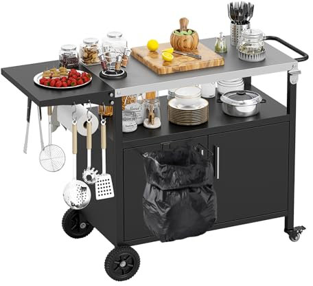 COSTWAY Carro de Barbacoa con Estante Abierto y Armario, Cocina Exterior, Encimera de Acero Inoxidable Plegable, Mueble para BBQ para Picnic, Fiesta, 127 x 50 x 84 cm