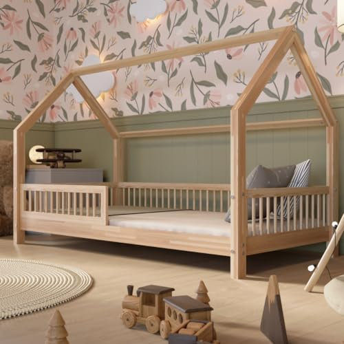 Crazy Pine Hausbett 90x200 cm – Montessori Kinderbett aus Kiefernsperrholz mit Rausfallschutz – Sicheres Kinderbett für Jungen und Mädchen - Leichter Aufbau - Crazy Piona