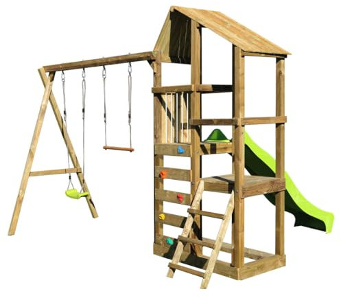 Kangui - Tour de jeux en bois avec double plateformes WOUPI - Balançoire, trapèze, mur d'escalade et cabane