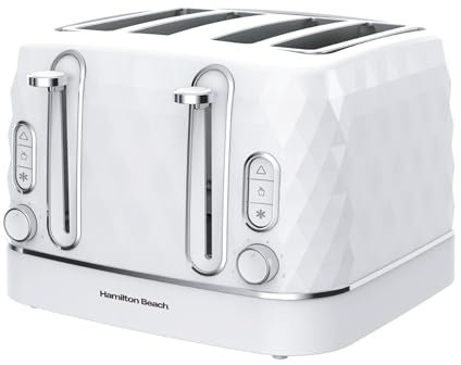 Hamilton Beach Toaster 4 Slice, Diamond, 2300W, 6 Browning Controls, Defrost, Reheat & Cancel Settings, Removable Crumb Tray, High Lift Eject, White - HBT3221W