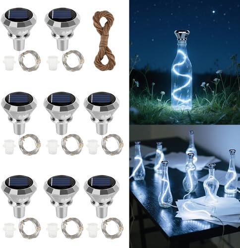 HIULLEN 8 Stück Solar LED Flaschenlichter, Solar Flaschen Licht, 2M 20LED Flaschenlichterkette Korken, Außen LED Korken Weinflasche Lichtkette für Flasche DIY, Party, Garten, Hochzeit Deko(Weiß Light)