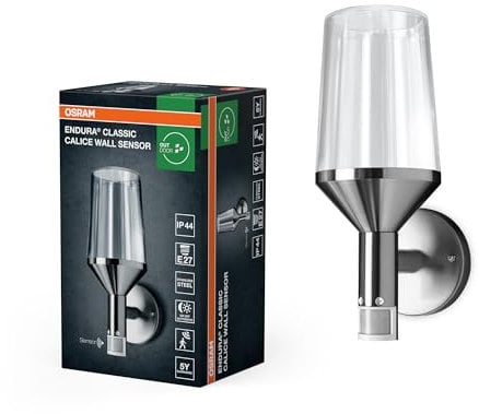 OSRAM ENDURA Classic Calice applique à capteur en acier inox avec diffuseur en verre, E27, protection IP44, pour éclairage d'allées