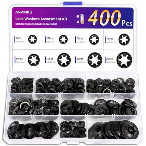 ANVINKU 400PCS Locking Washers, Compatible with Star-lock Washers, 7 Sizes Push On Speed Lock Washer Assortment Kit, M3/M4/M5/M6/M8/M10/M12 65Mn Steel Black Washer for Automotive, Machinery