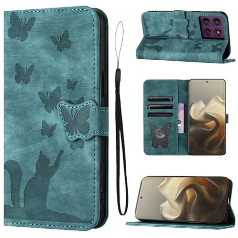 LSPCASA Mobile Phone Case for Motorola Edge 60 Pro (6.7 inches) PU Premium Leather with Card Slots Flip Stand Function for Motorola Edge 60 Pro Butterfly Cat Protective Case Cover - Green