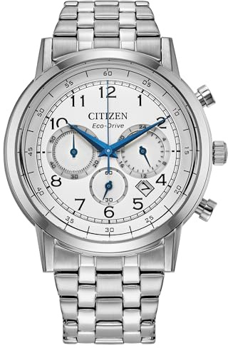 Citizen Men's Eco-Drive Dress Classic Watch, Silver-Tone Stainless Steel Bracelet, White Dial, Chronograph (Model: CA4630-53A)