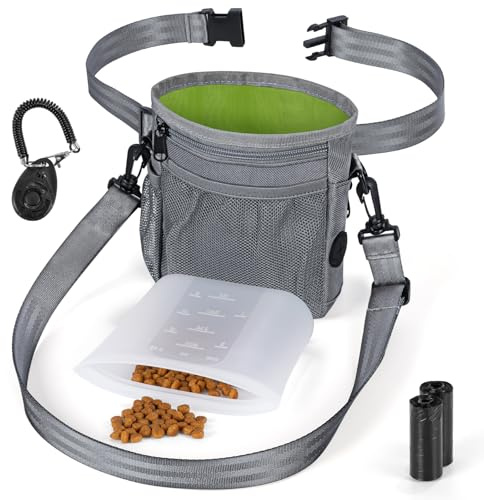 Leckerlibeutel für Hunde Set mit Hundeleckerlis InnenTasche in Silikon Trainingsklicker und Hundekotbeutelspender Gürteltasche für Hundefutter Aufbewahrung für Hunde Training Gassi Gehen Reise(Gris)