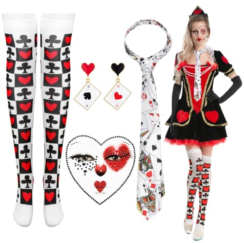 VerLuky 6 Stück magier kartenspiel kostüm,Casino Party Kostüm,Herzkönigin spielkarten accessoires,kartenspiel ohrringe、strumpfhose und krawatte,Karneval Kostüm Damen