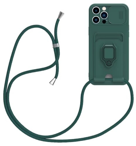 xinyunew Handykette Silikon Hülle für iPhone 17 mit Band, Handyhülle mit Kartenfach, Abnehmbar Kordel Kette, 360 Grad Ringhalter Stand Kartenfach Stoßfeste Schutzhülle,Grün