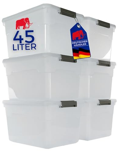 PROREGAL Aufbewahrungsbox mit Deckel 45L im 6er Set, Groß, Rollen, Plastikbox transparent stapelbar, Kunststoffbox Verschlussclips, Stapelbox Kunststoff Aufbewahrungsbehälter für Küche Haushalt Keller