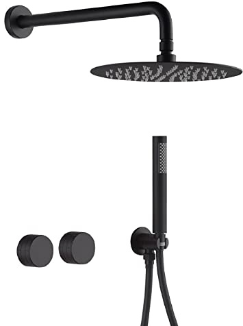 Sailainuo Concealed Black Shower 12 Inch Rainfall Head Brass Mixer Set | Bathroom Round Handle Handheld 2 Functions Valve System Kit