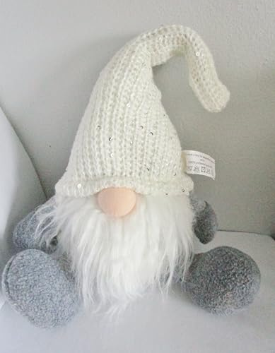 Wichtel sitzend aus Textil (gestrickt mit Plüsch) grau oder weiß Deko Weihnachten Figur 30 cm hoch Weihnachtsmann - Farbe wählbar (wei)