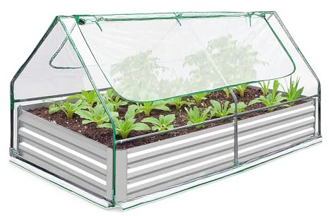 Hochbeet mit Gewächshaus, Pflanzkasten Winterfest mit Foliengewächshaus, Hochbeet aus Verzinktem für Garten mit Abdeckung und Sichtfenster, Treibhaus für Kräuter Blumen, 180x90x90cm