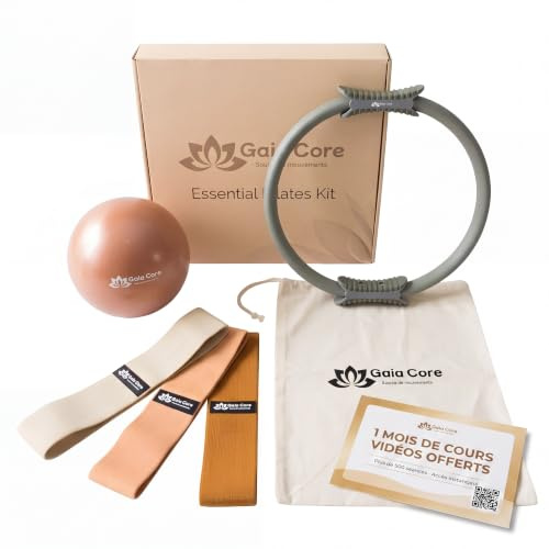 Gaia Core Kit Pilates Femme 5 en 1 Anneau 38 cm Ballon 3 Bandes Élastiques | Sac de Transport en Toile, TPE. Cours Vidéo Inclus. Yoga, Stretching, Gym Douce, Renforcement au Sol, Muscles Stabilisateurs