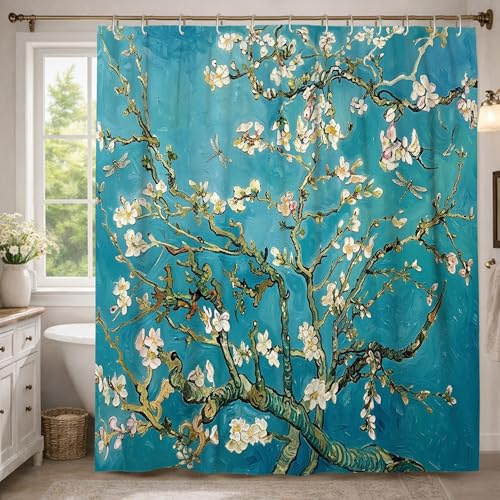 Blossom - Cortina de ducha extra larga, diseño de ramas artísticas de primavera, turquesa, primavera, turquesa, lavable, con ganchos, cortinas de ducha de tela para baño, habitación de invitados, 72 x