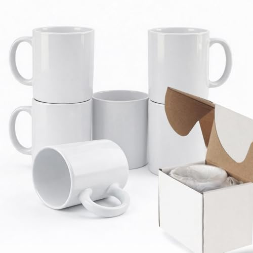 Sulwena White Coffee Mugs Set of 6 | 11oz Blank Sublimation Mugs with Boxes | AAA Gloss Ceramic Tea Cups with Large Handle for Heat Press Printing DIY Personalised Gifts, Microwave & Dishwasher Safe