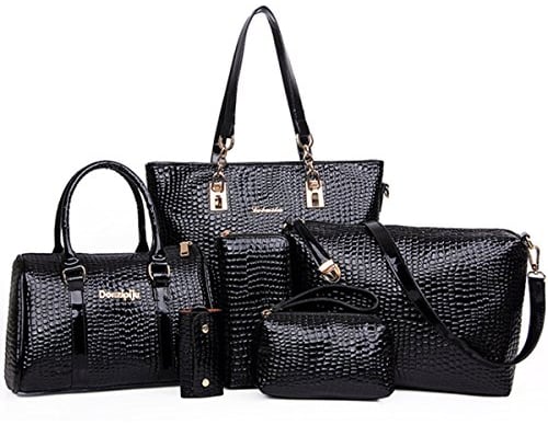 FiveloveTwo Damen 6-teiliges Set mit Crossbody Tasche und Geldbörsen PU Leder Schultertasche Shopper Tragetaschen Umhängetasche Geldbeutel Tote Taschen Clutches Schwarz