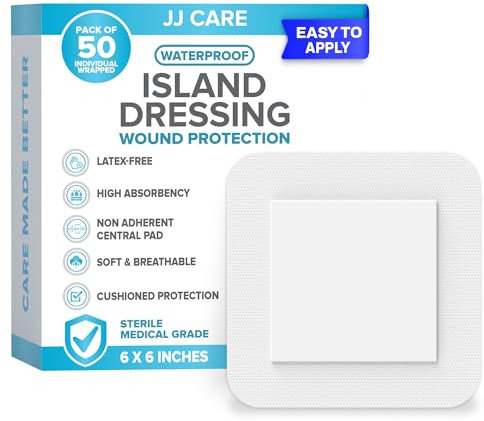 JJ CARE [Pack of 50] Waterproof Adhesive Island Dressing 6” x 6”, Sterile Wound Dressing, Breathable Bordered Gauze Pads, Latex Free Bandages, Individually Wrapped, Central Pad Size 4x4