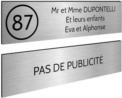 DECOHO - Plaque Boite aux Lettres Personnalisable - Lot de 2 plaques adhésives PMMA Argent-Noir - Format 100x25 mm, Gravure Laser, résist - Argent
