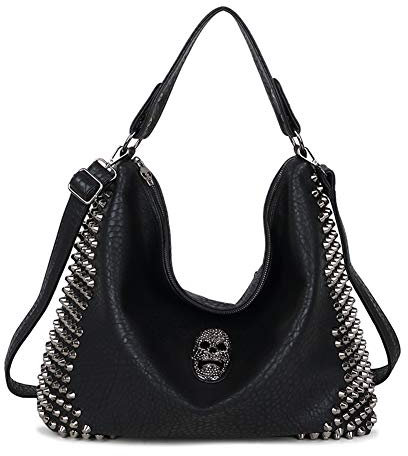 Chikencall Damen Schädel Tote Umhängetasche Mode Gothic Rivet Handtasche und Geldbörsen Schwarze Schultertaschen aus PU-Leder Schulranzen