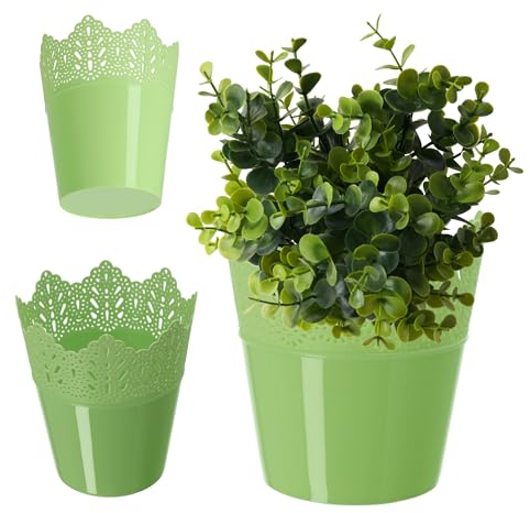 KADAX Spitzen-Blumentopf aus Kunststoff, 9 Farben, Blumentopf mit Spitzenmotiv, Blumentopfschutz für Büro, Topf, Gartenschale, Blumenkübel, Übertopf (⌀ 12cm, Niedrig, grün)