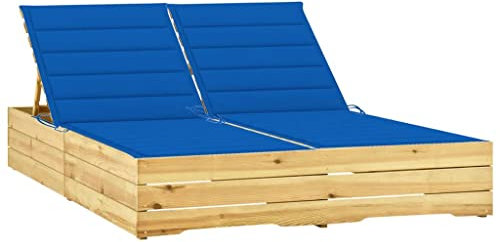 vidaXL Kiefernholz Imprägniert Doppel Sonnenliege mit Königsblauen Auflagen Doppelliege Gartenliege Relaxliege Liege Gartenmöbel Holzliege Strandliege