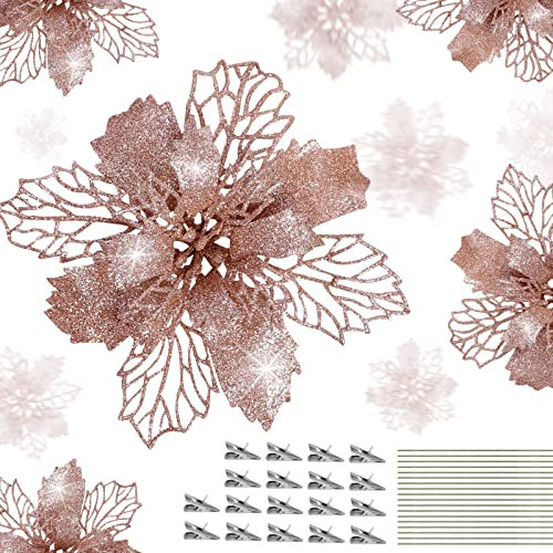 18 Stück Weihnachtsstern, künstliche Glitzer-Weihnachtsblumen mit Clips und Stielen für Weihnachtsbaumschmuck, Anhänger und Kranz, Dekorationen (Roségold)
