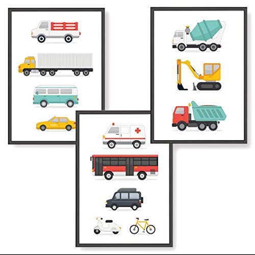 Himmelzucker Premium Wandbilder 3er set für Kinderzimmer Babyzimmer Poster DIN A4 Kinder Kinderposter Junge Mädchen Bilder Autos Baustellenfahrzeuge - (A4 ohne Rahmen) Taxi (Autos)