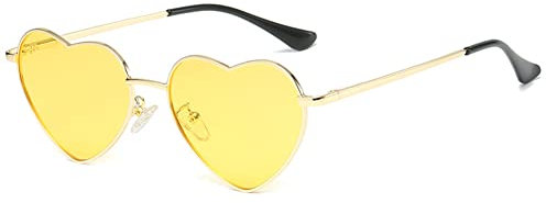 RUNHUIS Polarisiert Herzform Sonnenbrille Damen Herren Hippie Brille Vintage Liebe Sonnenbrille für Festival Party Gold Metallrahmen mit UV400 (Gold/Gelb)