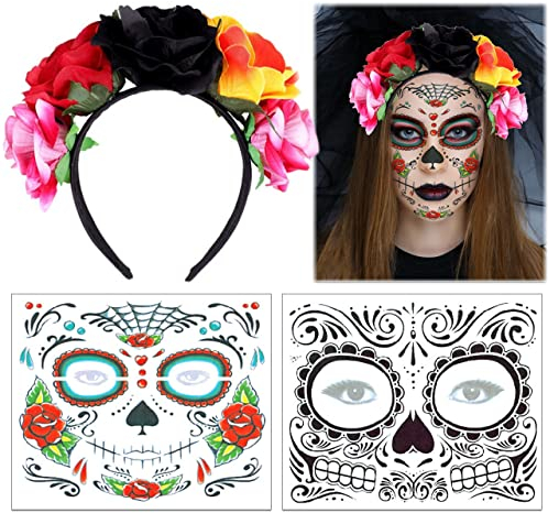 LGZIN Tag der Toten Haarreif mit 2 Stück Halloween Temporäre Gesicht Tattoos, Mexikanische Blume Krone, Tag Der Toten Tattoo Gesicht, Halloween Tag der Toten Rosen Haarreif, für Karneval Halloween