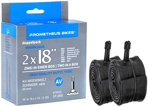 Prometheus Schlauch 2 x 18 Zoll AV Schrader für Kinderfahrrad Fahrradschlauch 18“ oder 18 x 1.75 bis 2.125 - Gewinde vernickelt - Doppelpack