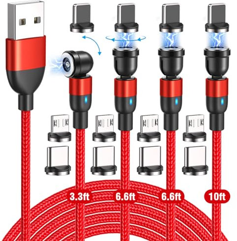 Vattud 4-Pack Magnetic Charging Cables (3.3ft/6.6ft/6.6ft/10ft), 540° Rotating Magnetic Phone Charger, 3-in-1 Nylon Braided USB Cable for Type C, Micro USB